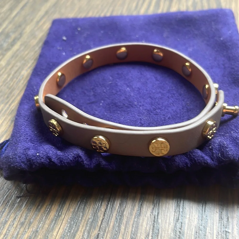 Women’s Tory Burch Gray Leather Wrap Bracelet with Gold Accent